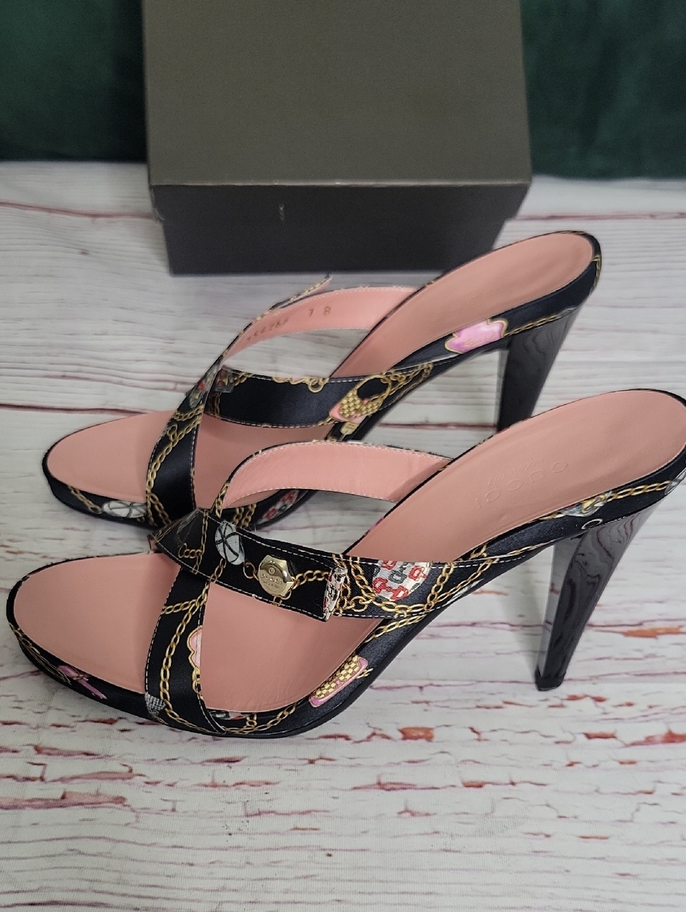 Gucci Techno Charms Print Pink & Black High Heel Sandals